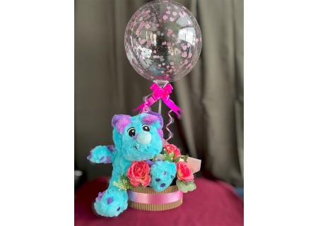 Arreglo floral y peluche en globo burbuja