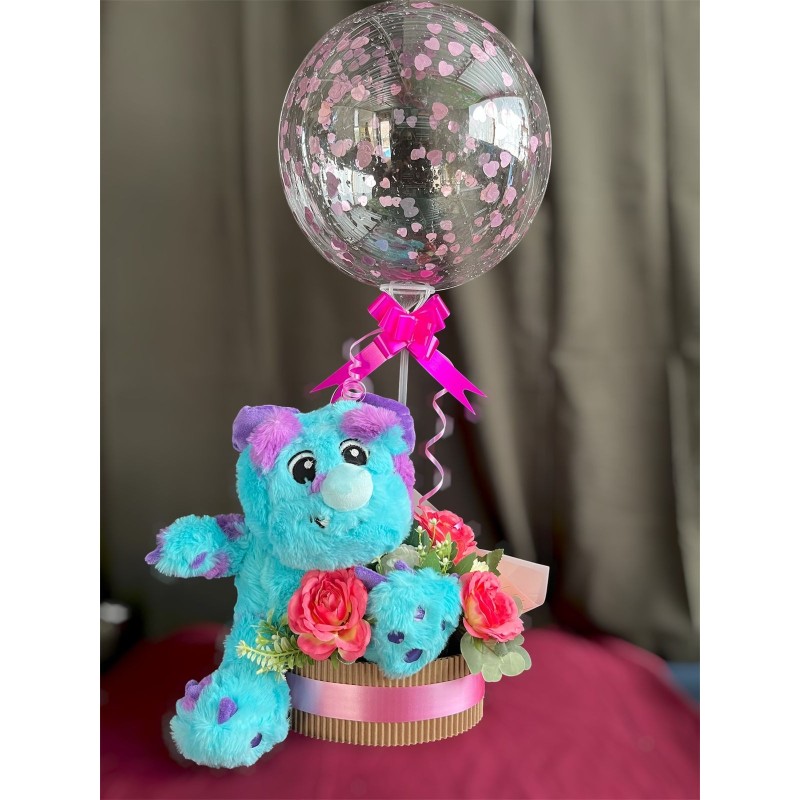 Arreglo floral y peluche en globo burbuja